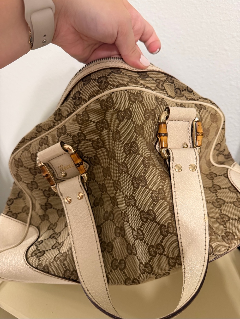 Gucci Beige Monogram Canvas Satchel with Bamboo Accents